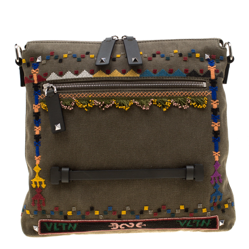 Valentino Olive Canvas Rockstud Bordado Messenger Bag