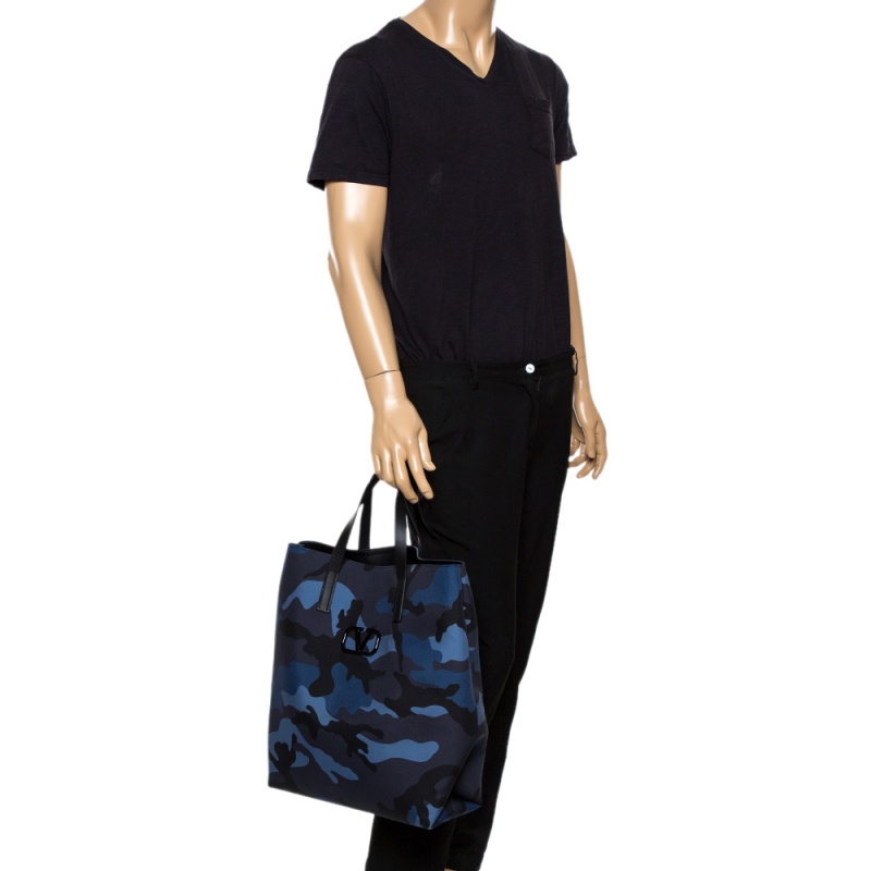 

Valentino Marine Blue/Black Nylon Camouflage Tote