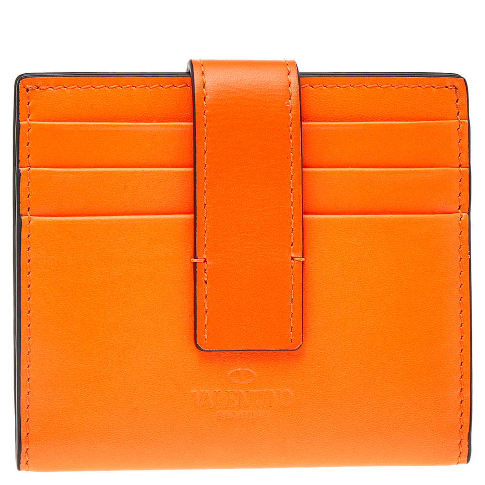 

Valentino Neon Orange/Black Leather Rockstud Card Case