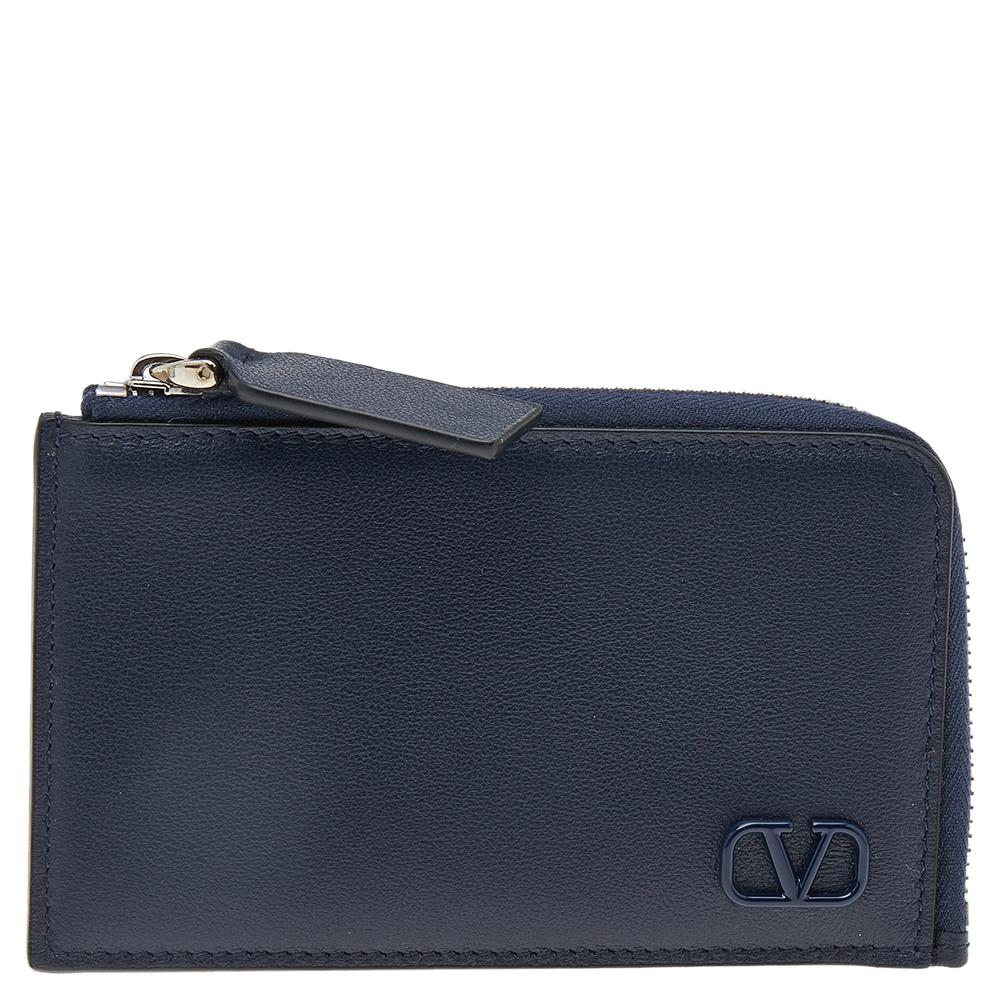 Pre Owned Valentino Blue Leather VLogo Signature Coin Card Case