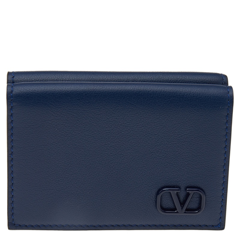 Pre Owned Valentino Blue Leather Mini VLogo Signature Trifold Compact Wallet