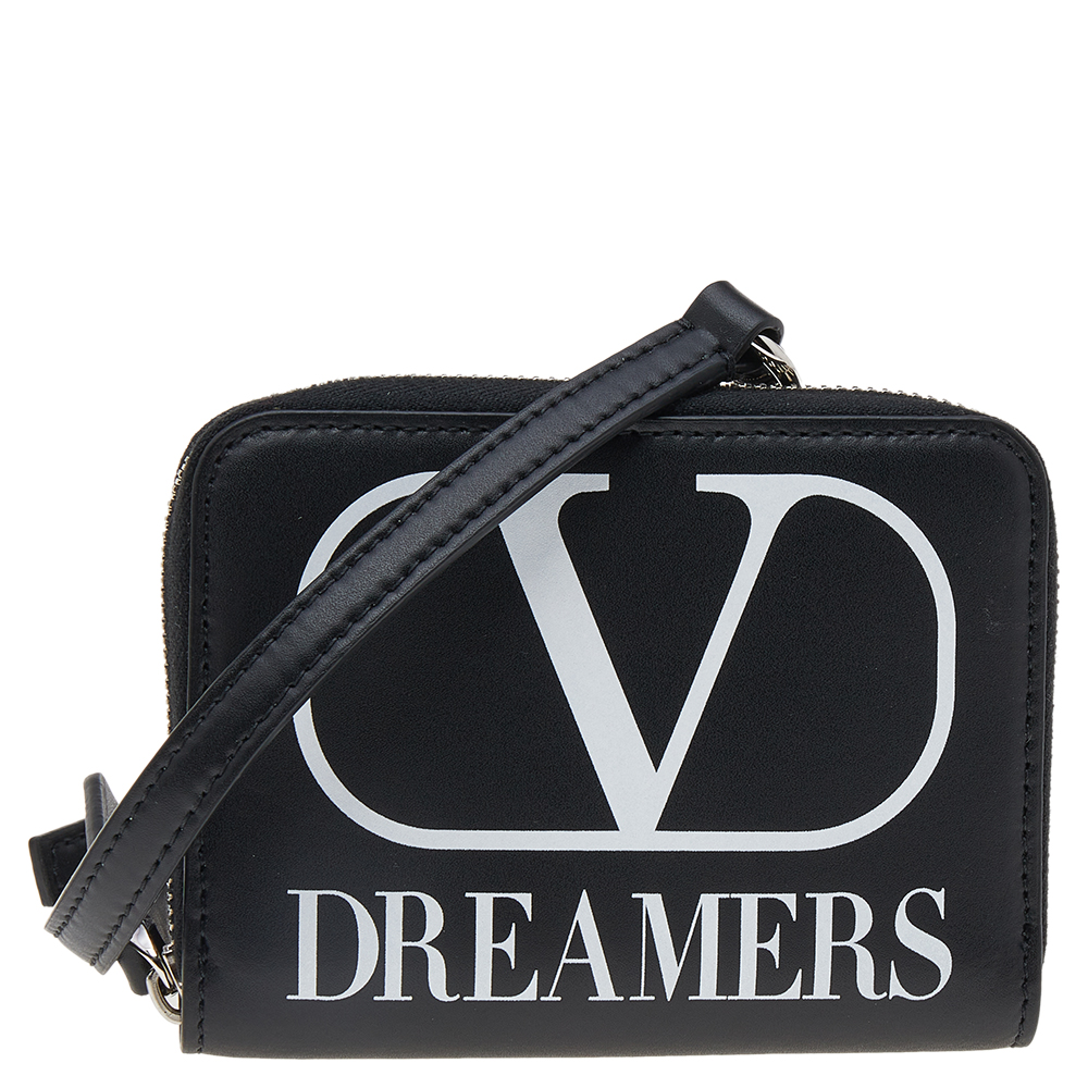 مملوكة مسبقًا Valentino Black Leather VLogo Signature Dreamers Zip Around Neck Wallet