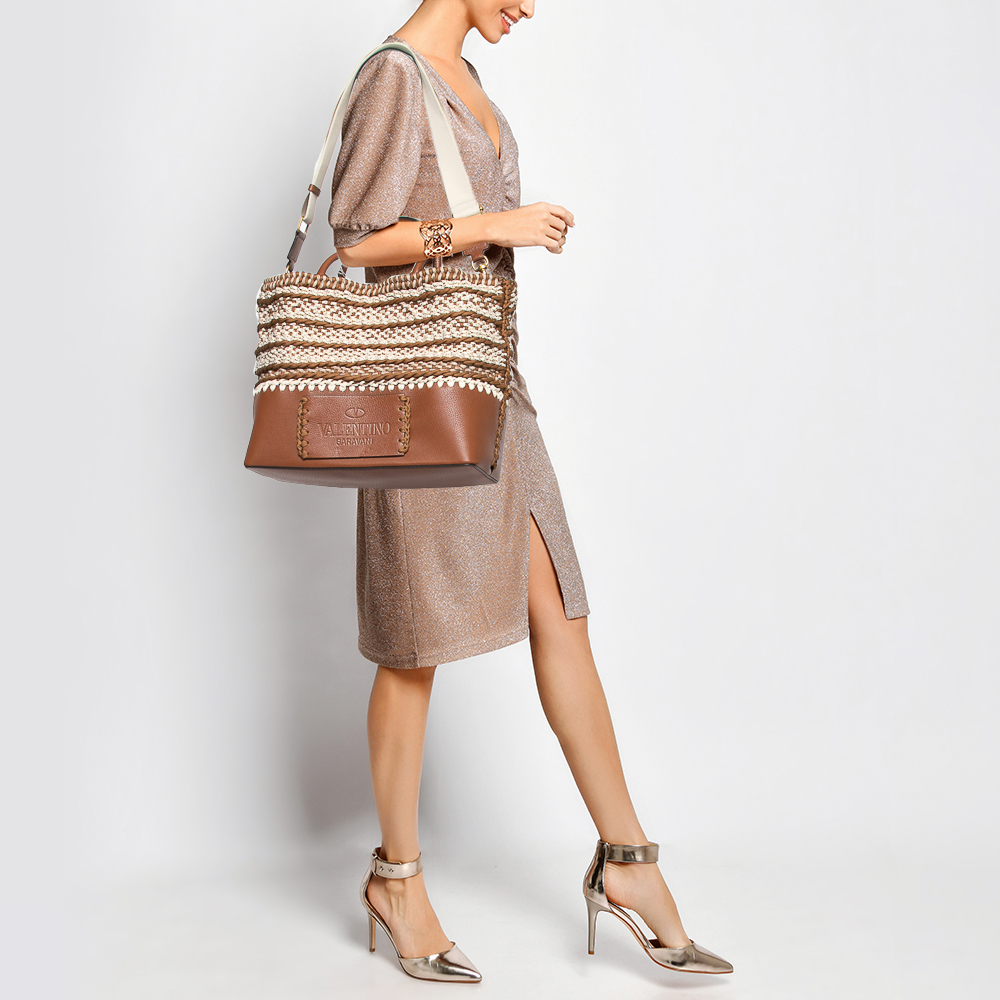 

Valentino Brown/Dark Tan Crochet Fabric and Leather  Tote
