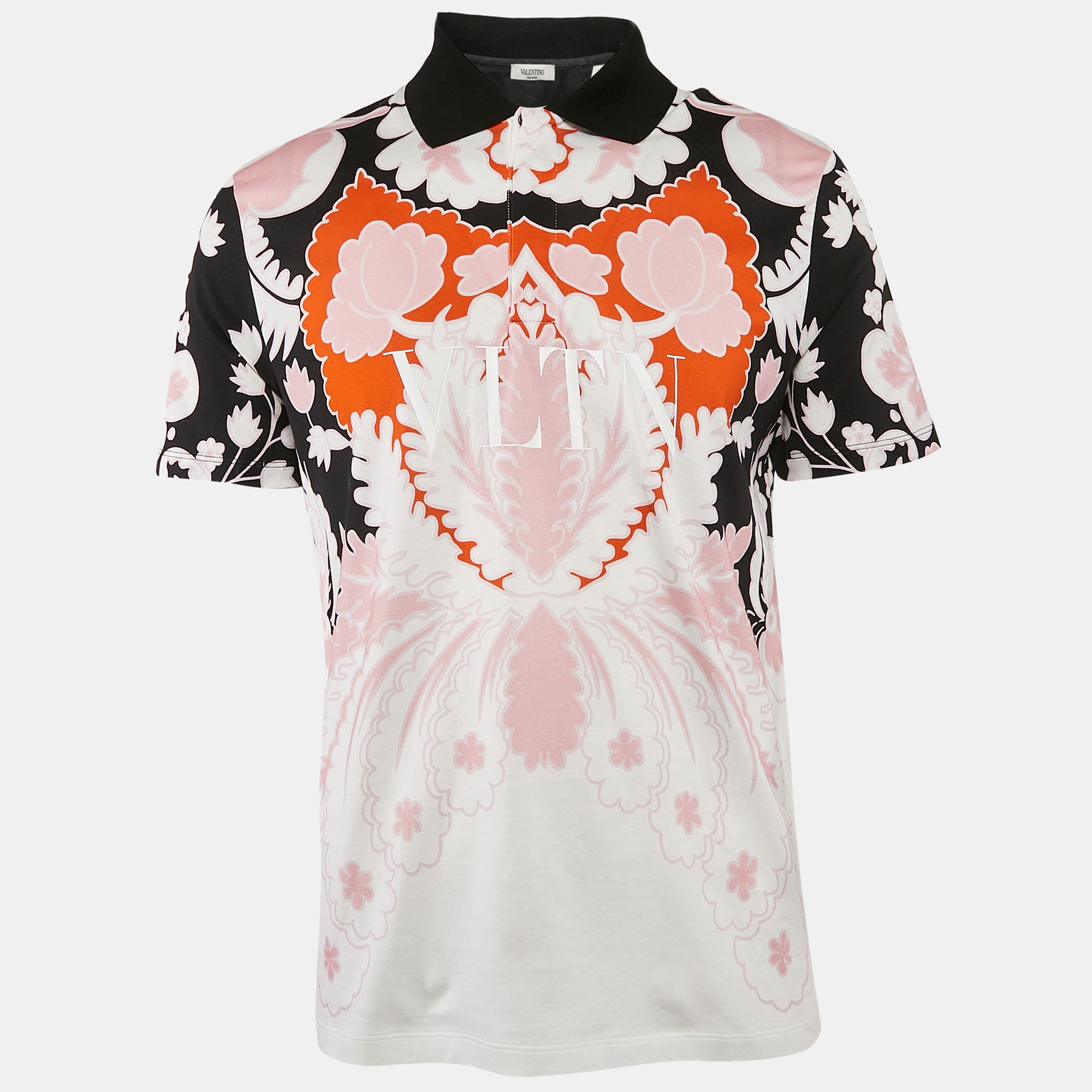 

Valentino Black/Pink Floral Print Jersey Polo T-Shirt L