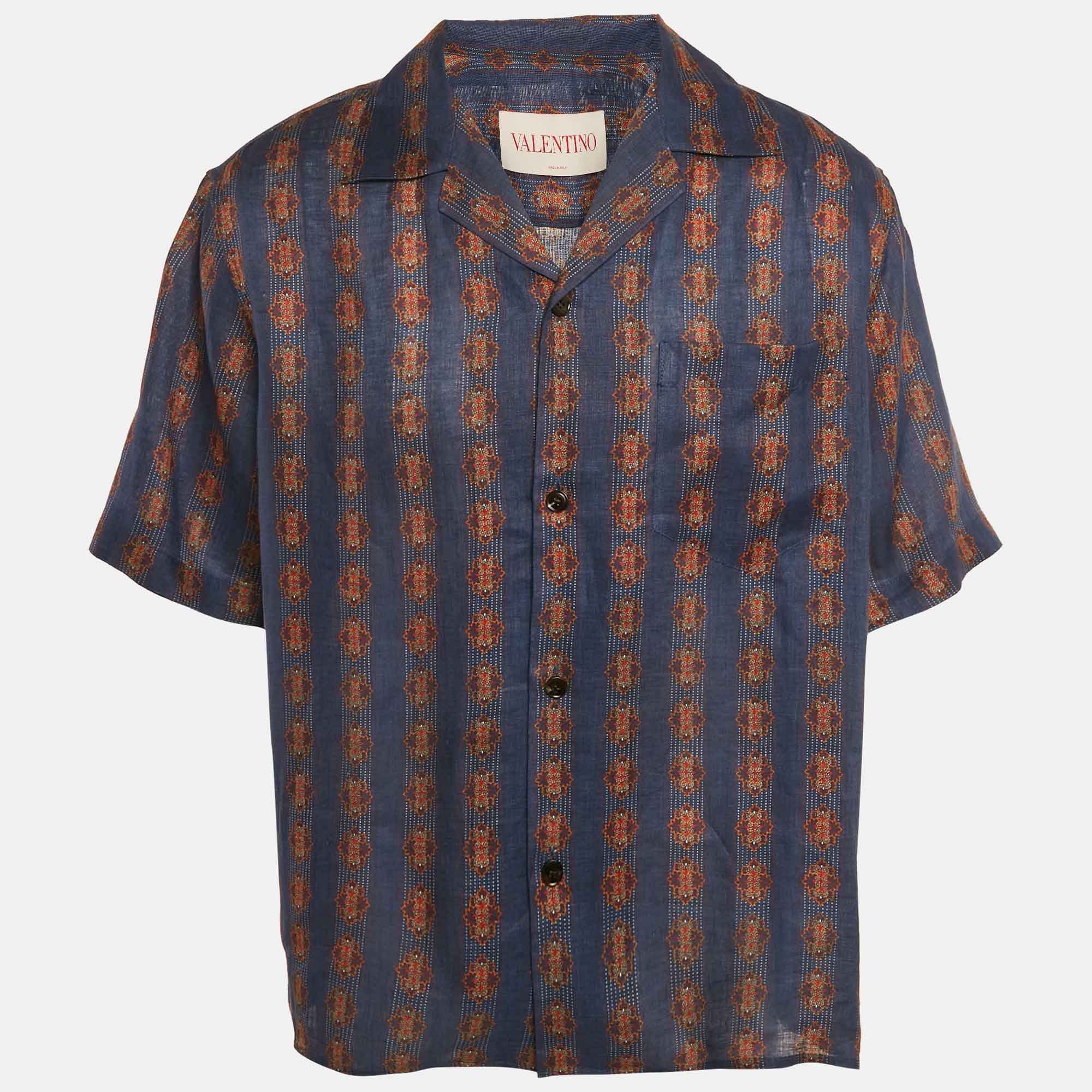

Valentino Blue Print Linen Buttoned Half Sleeve Shirt L