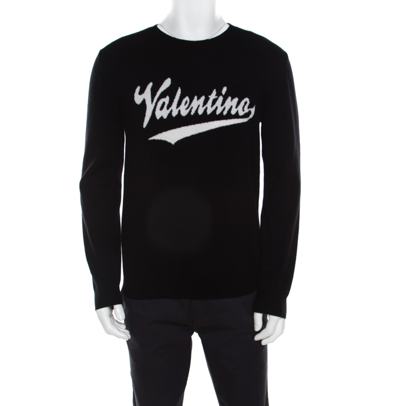 Pre Owned Valentino Black Wool Logo Intarsia Crew Neck Pullover Sweater M