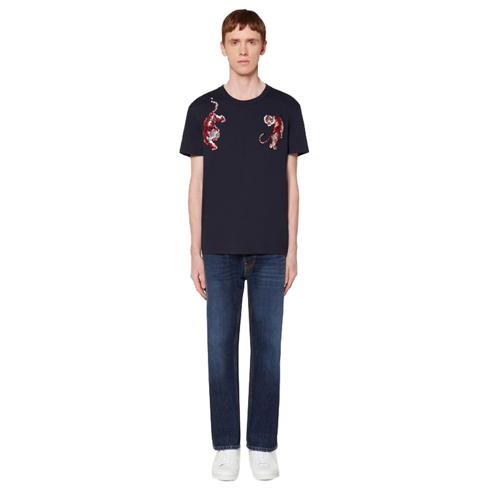 

Valentino Dark Blue Cotton Go Tiger Embroidered Crew Neck T Shirt