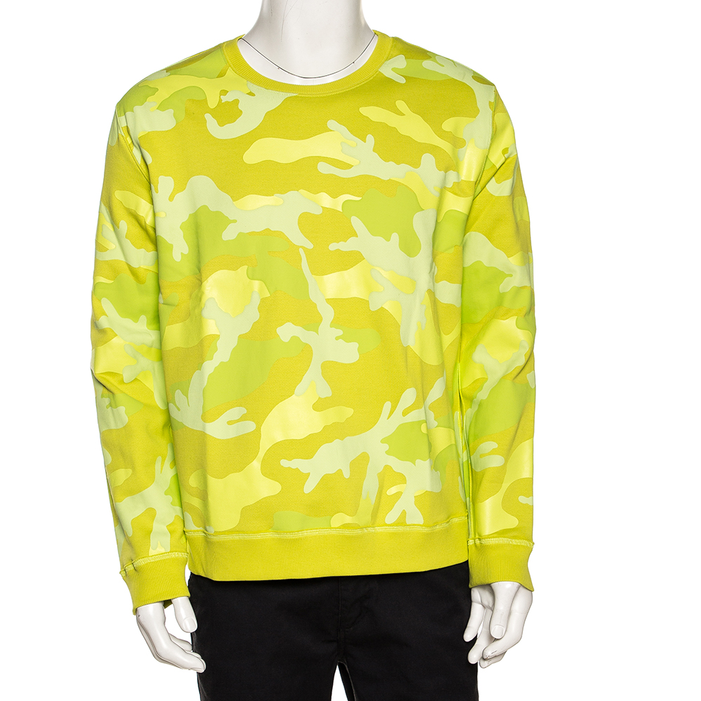Valentino Neon Yellow Camouflage Print Jersey Crew Neck Sweatshirt S
