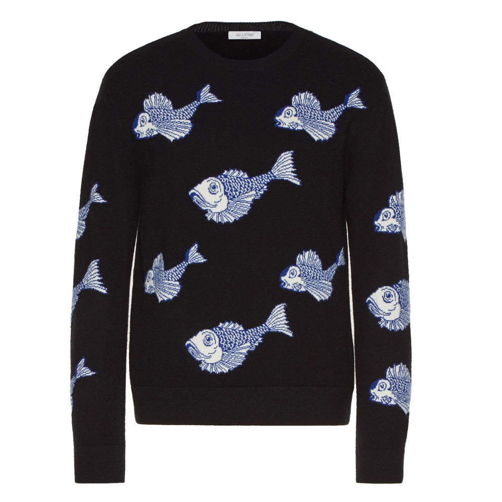 Pre Owned Valentino Black Wool with All Over Fishrain Inlay Crew Neck Sweater M