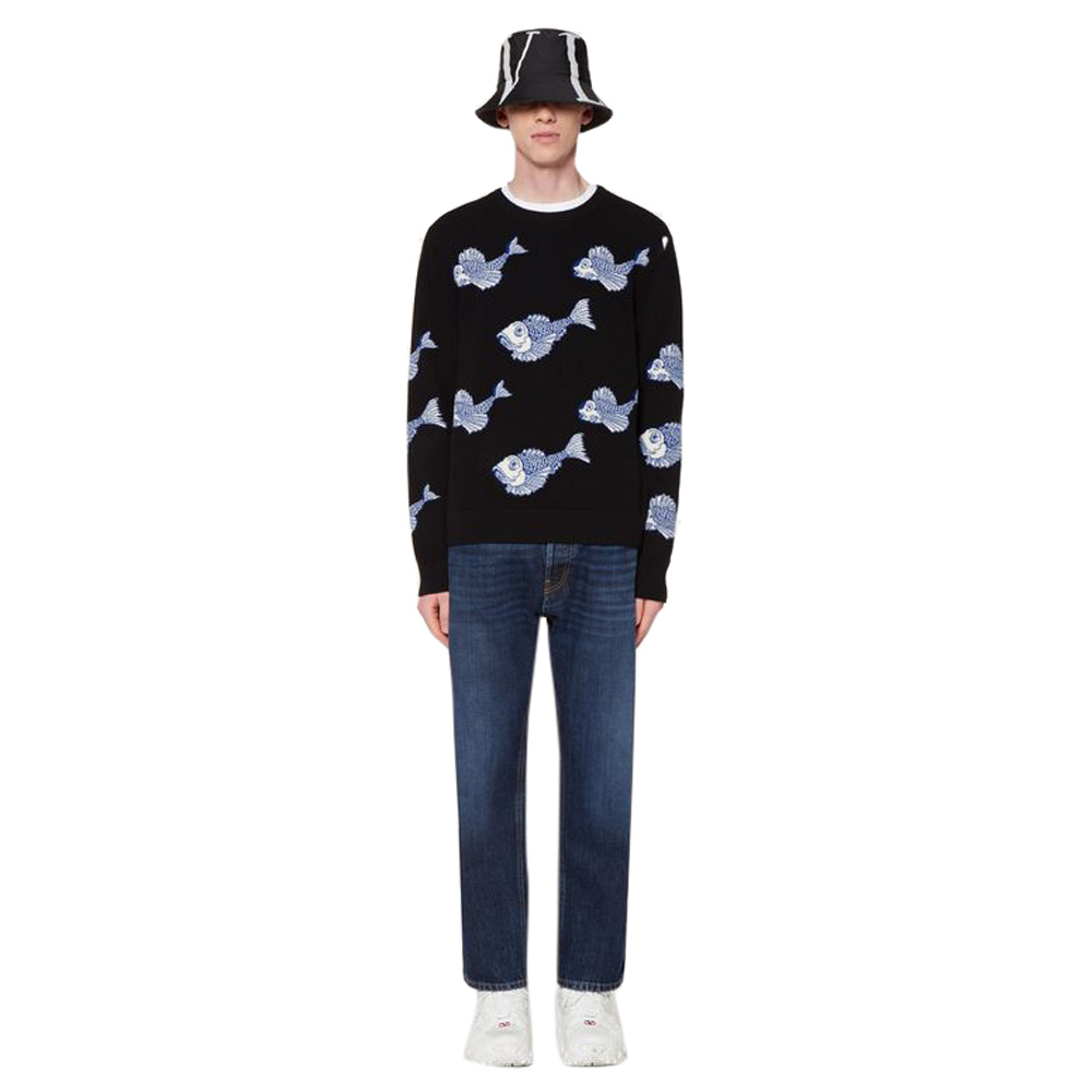 

Valentino Black Wool with All Over Fishrain Inlay Crew Neck Sweater
