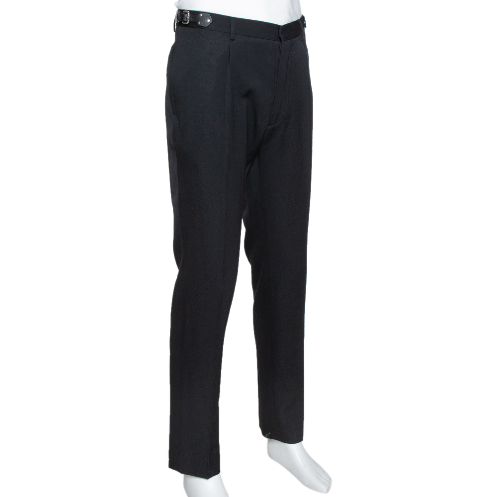 

Valentino Black Wool Leather Trim Tailored Trousers