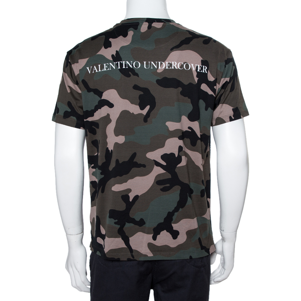 

Valentino X Undercover Army Green Cotton Camouflage Print Ufo Face T-Shirt