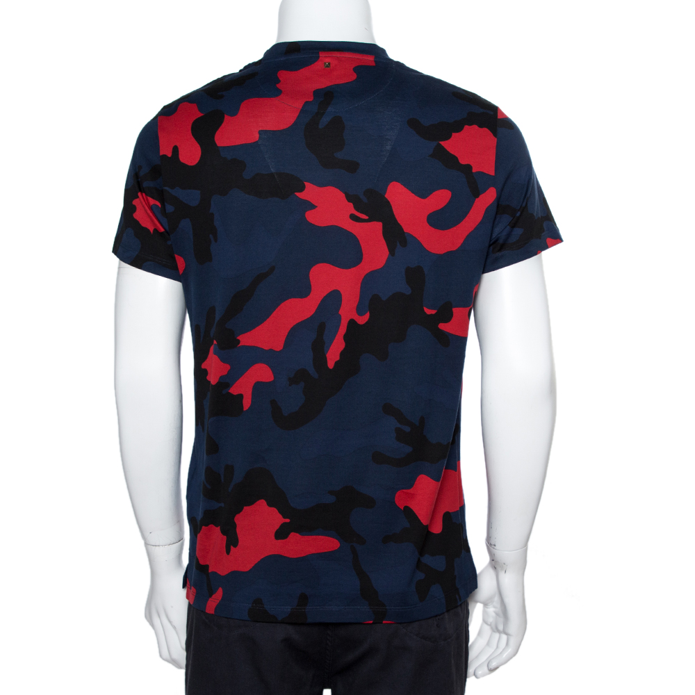 

Valentino Blue/Red Cotton Camouflage Print T-Shirt