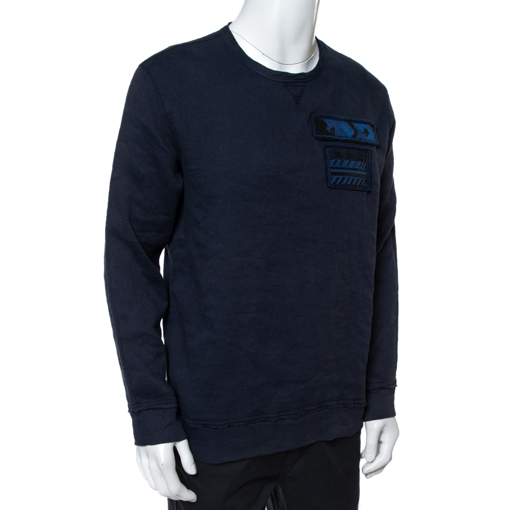 

Valentino Indigo Blue Cotton Beaded Military Long Sleeve T-Shirt