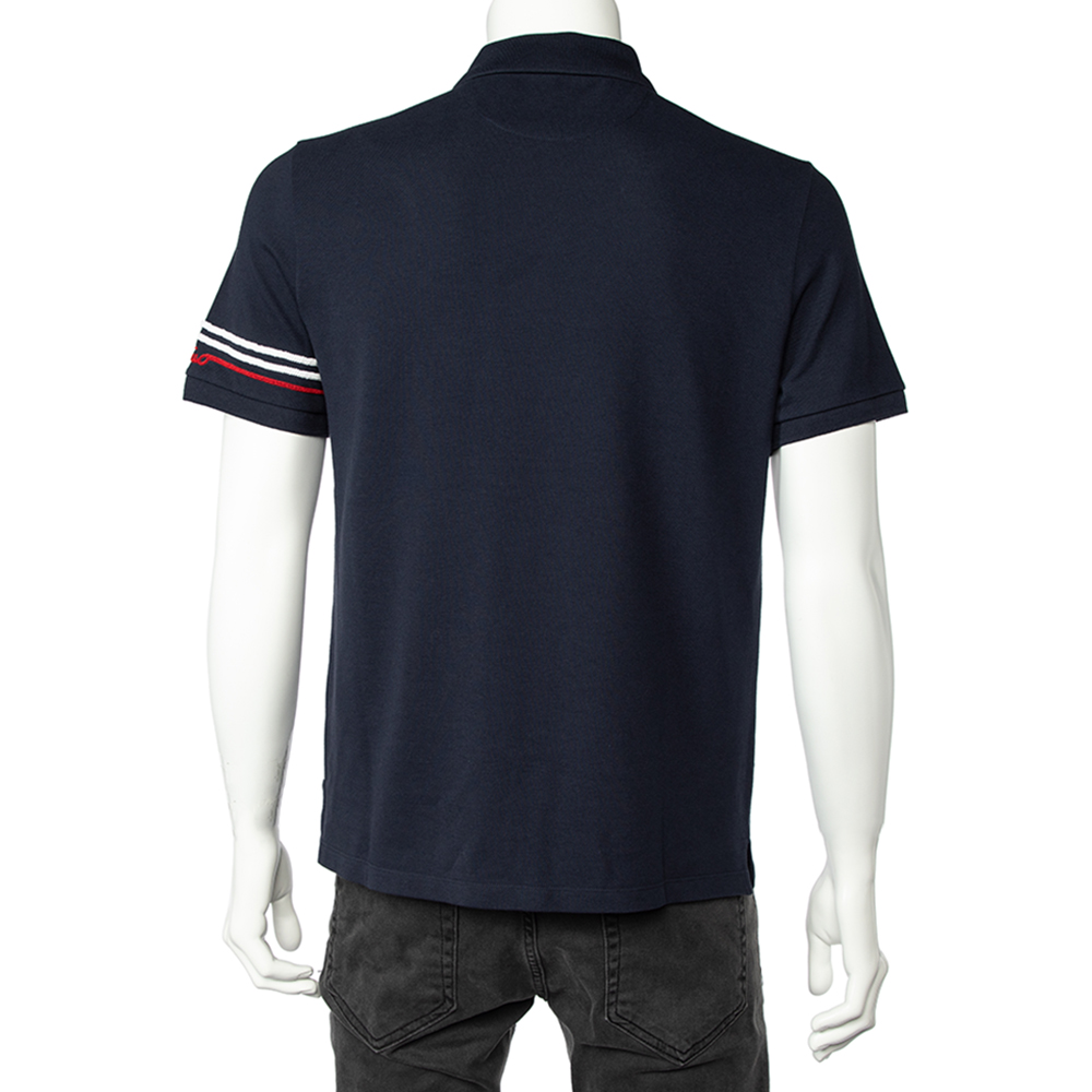 

Valentino Navy Blue Stripe Detail Pique Polo T-Shirt