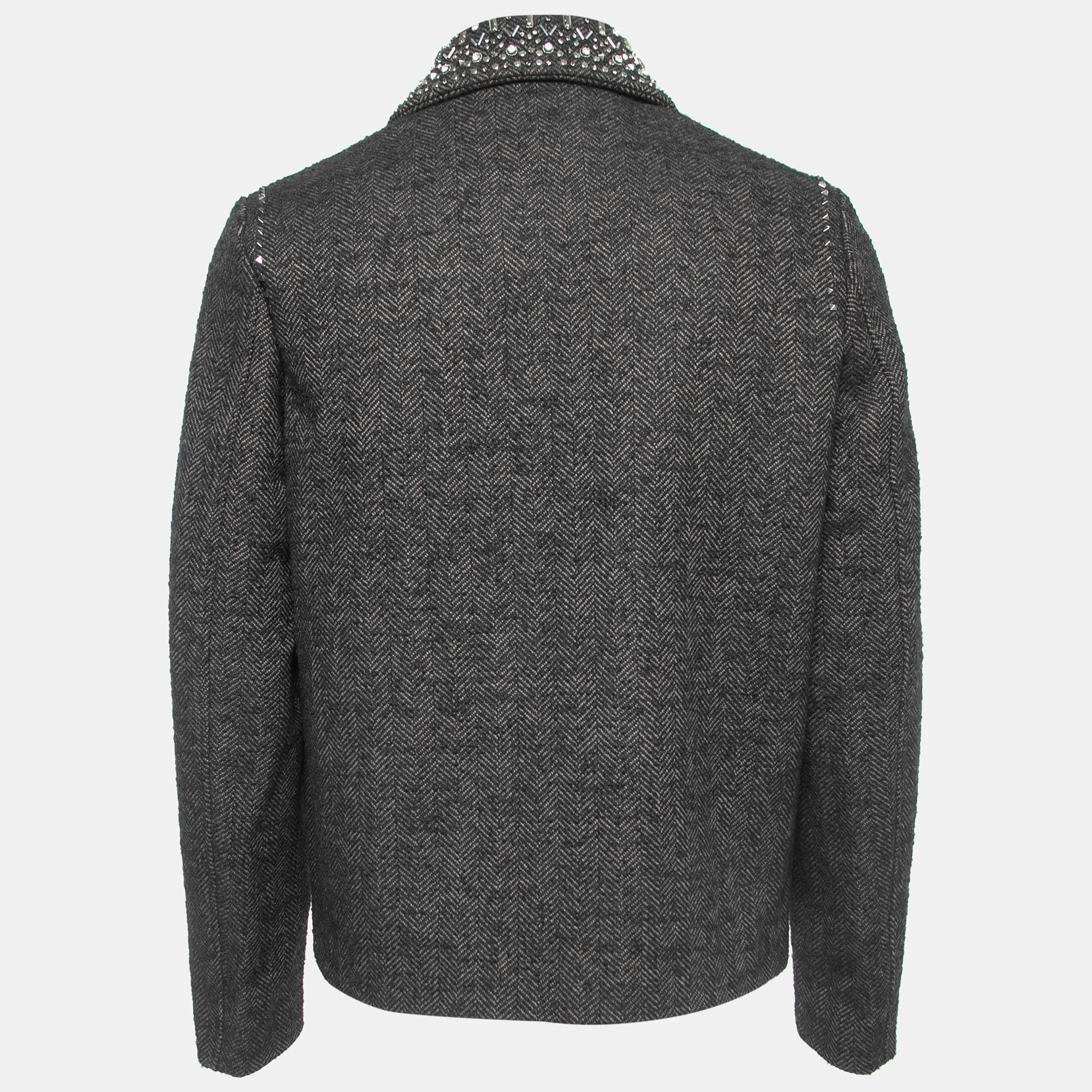 

Valentino Black/Grey Patterned Wool Embellished Zip-Up Jacket
