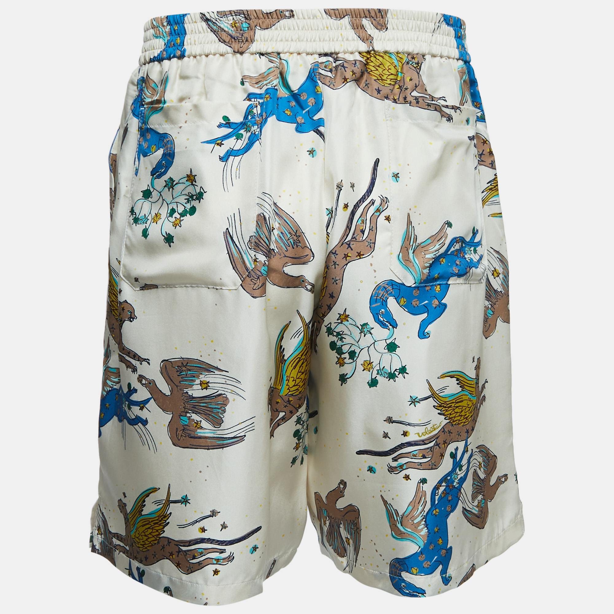 

Valentino Beige Utopia World Print Silk Bermuda Shorts