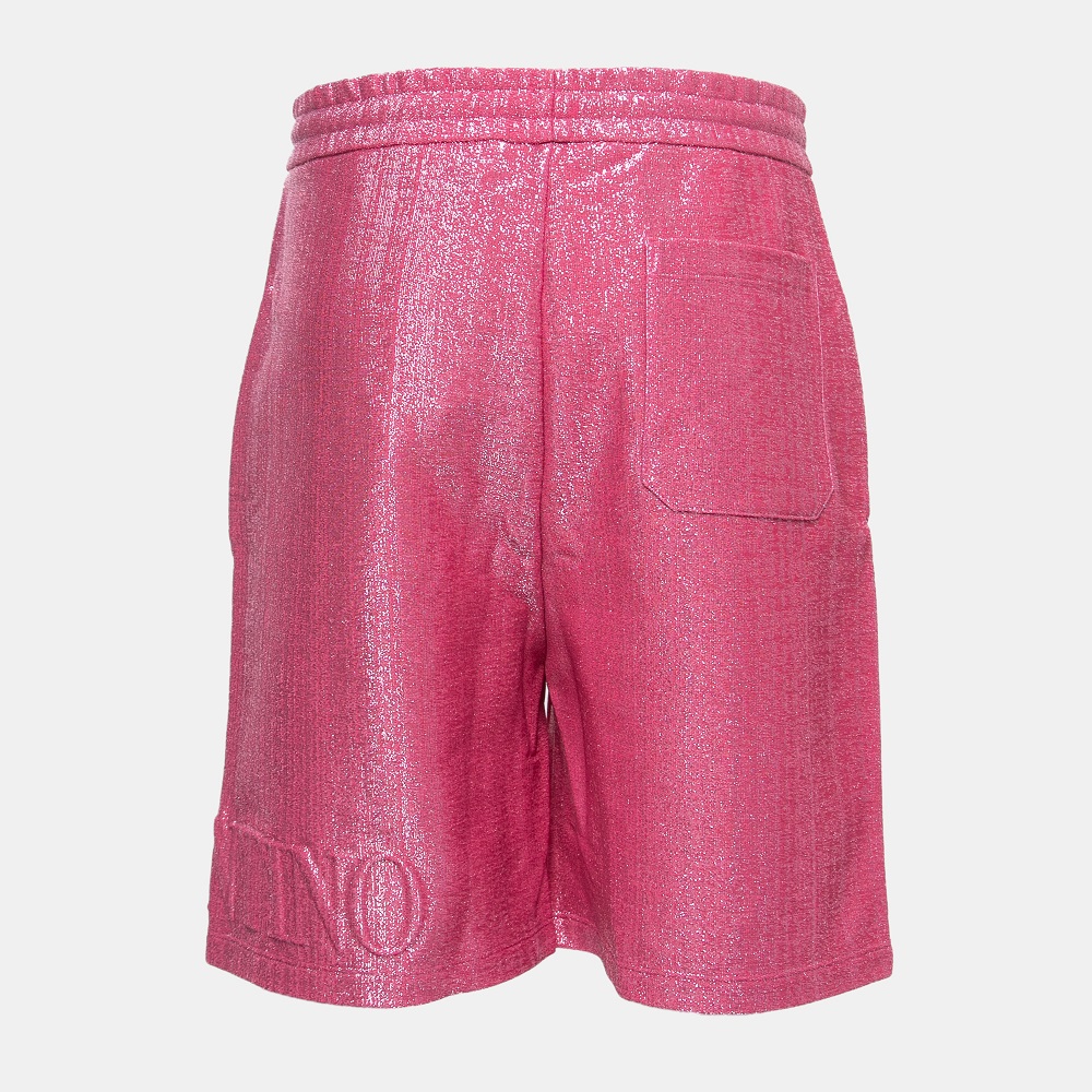 

Valentino Pink Logo Embossed Lurex Knit Bermuda Shorts
