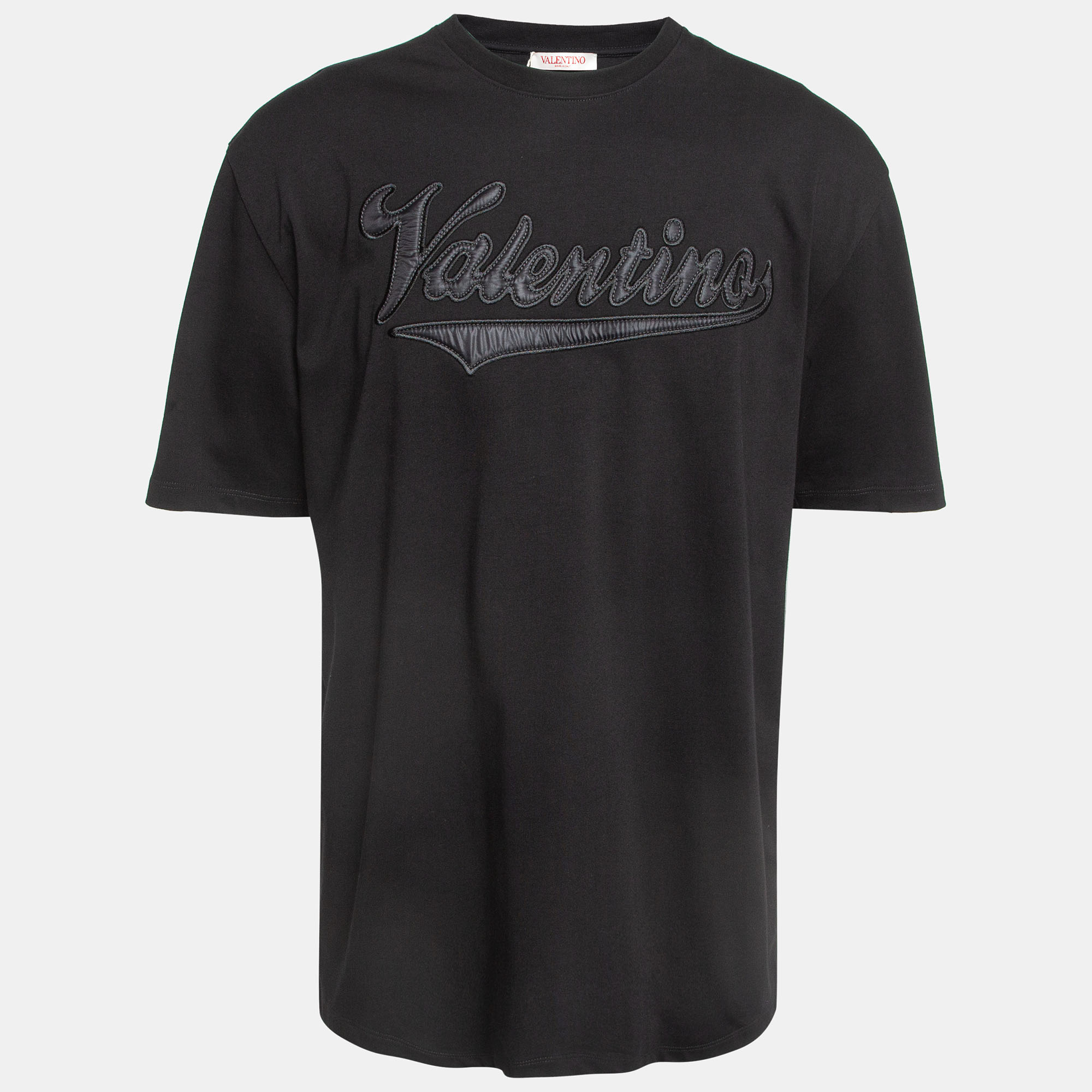 Pre Owned Valentino Black Logo Applique Cotton Crew Neck T-Shirt XXL