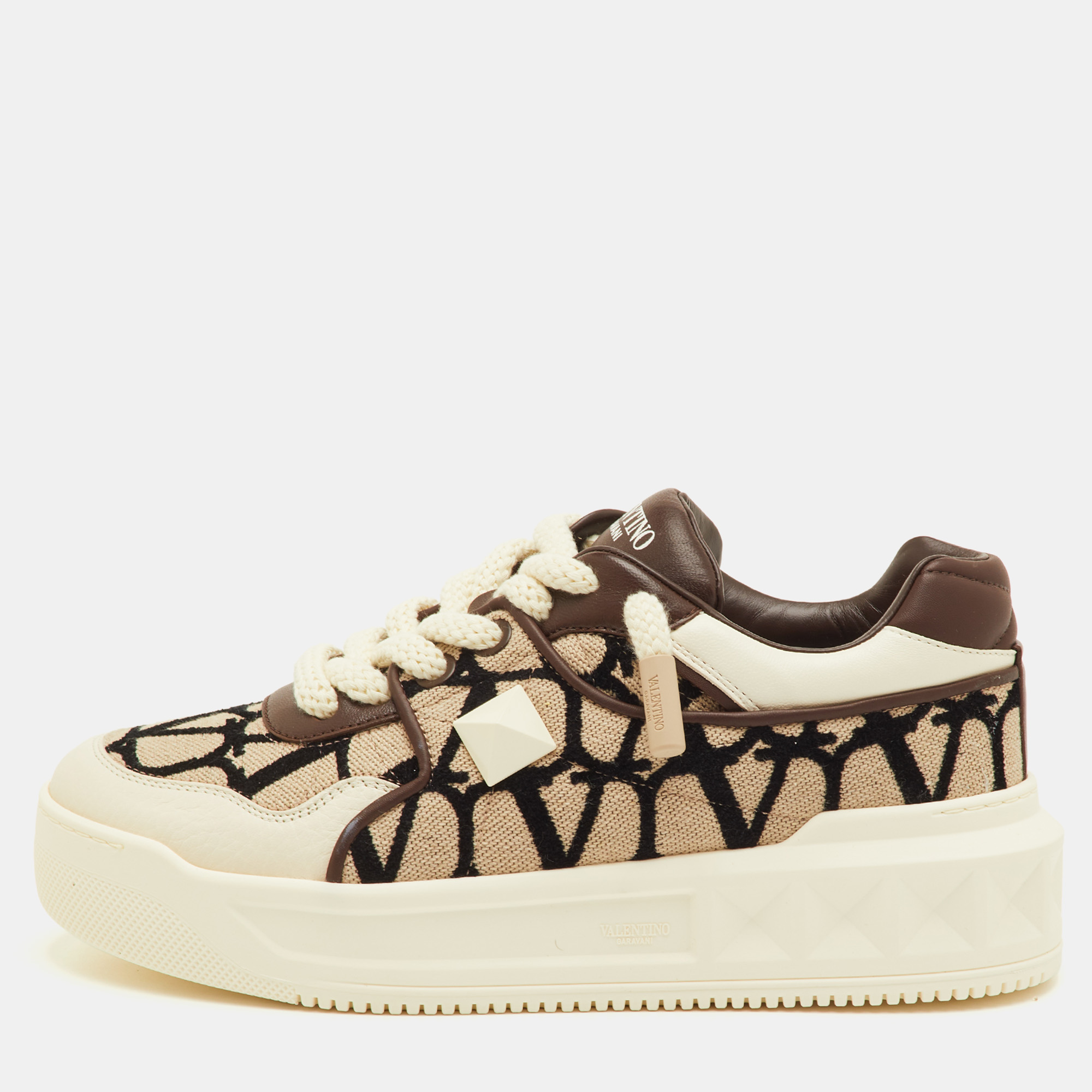 

Valentino One Stud XL Size  Light Brown/White Toile Iconographe Jacquard and Leather Sneakers