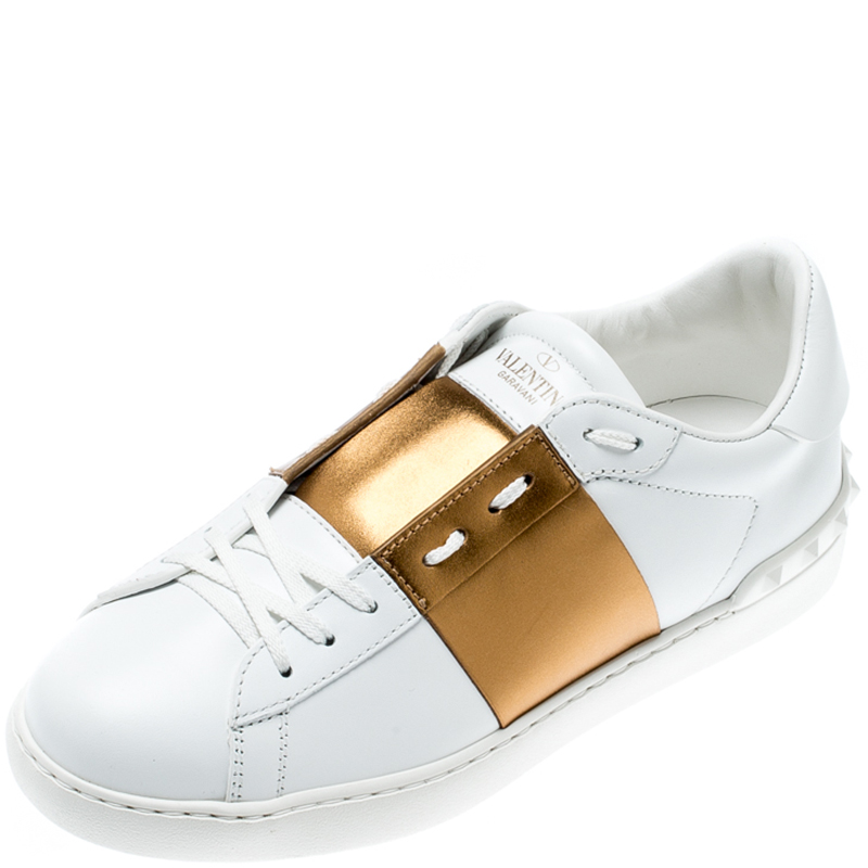 Valentino Bianco/Bronzo Leather Open Low Top Sneakers Size 40