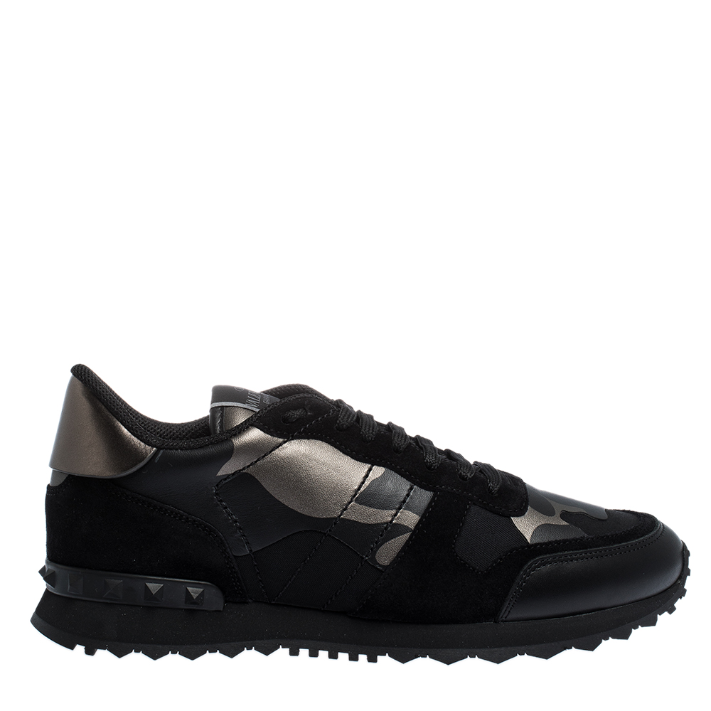 Valentino Black Fabric and Leather Camouflage Rockrunner Sneakers Size 41
