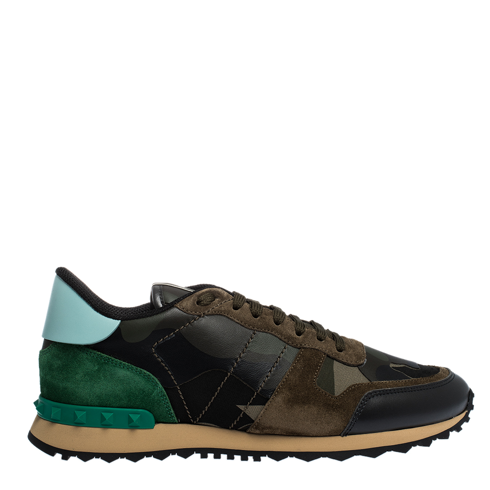 Pre Owned Valentino Military Green Fabric and Leather Camouflage Rockrunner Trainer Sneakers Size 41