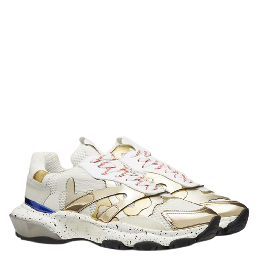 

Valentino Platinum Metallic Fabric and Leather Camouflage Bounce Sneakers Size, White