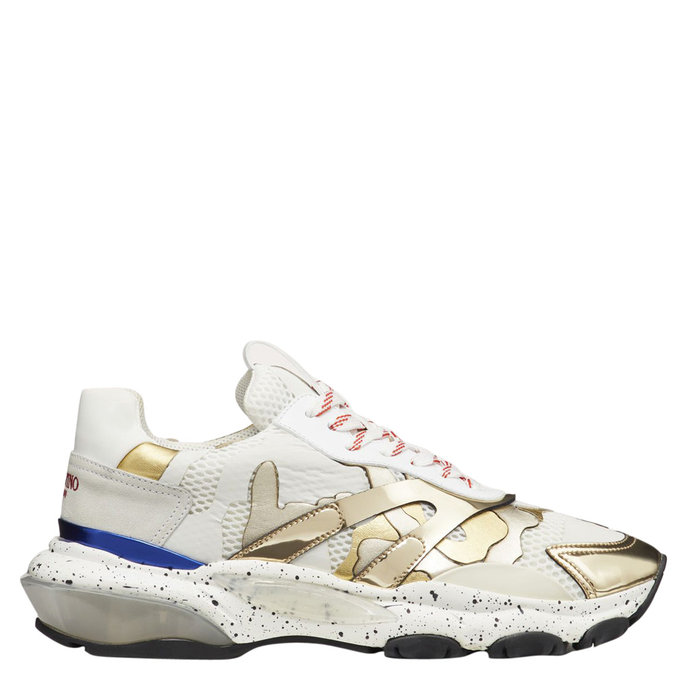 Valentino Platinum Metallic Fabric and Leather Camouflage Bounce Sneakers Size 42