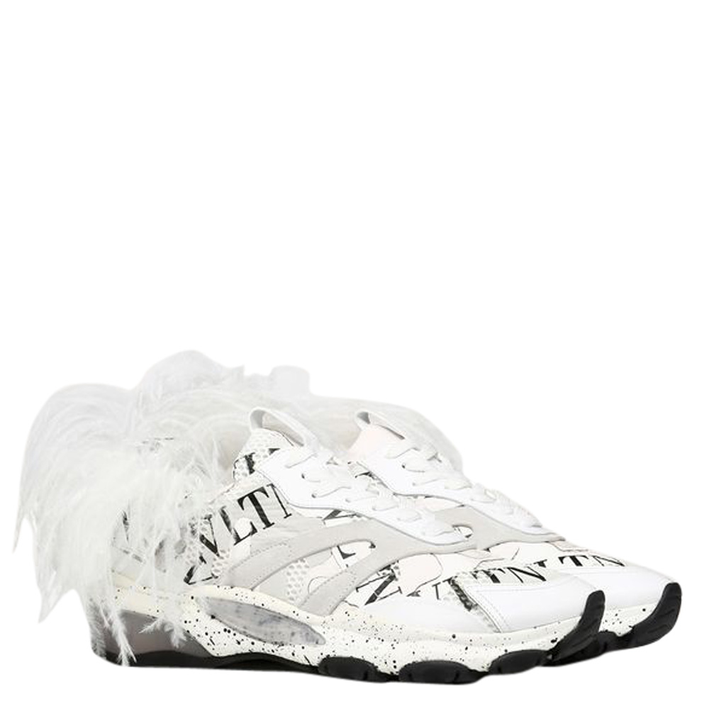 

Valentino White/Black Fabric and Leather Camouflage with Feathers VLTN Grid Bounce Sneakers Size