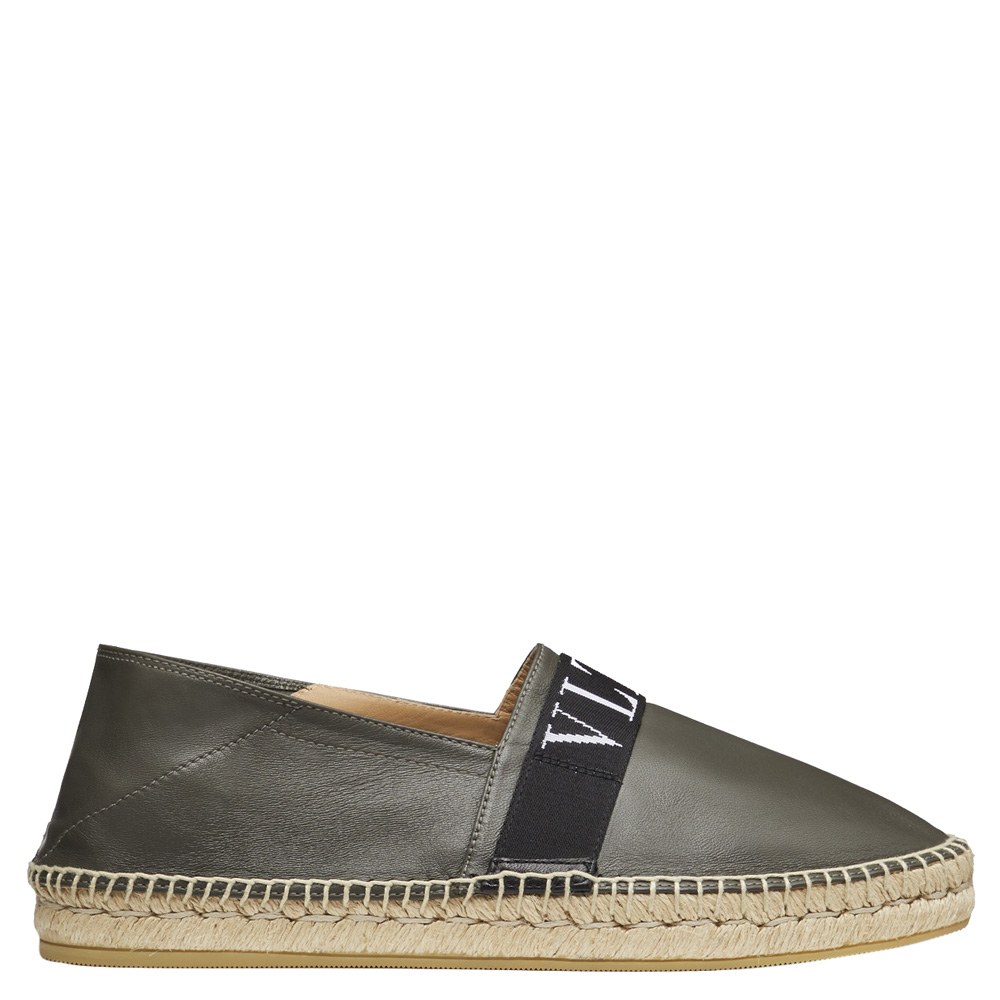 Pre Owned Valentino Military Green Leather VLTN Espadrille Slip On Sneakers Size 39