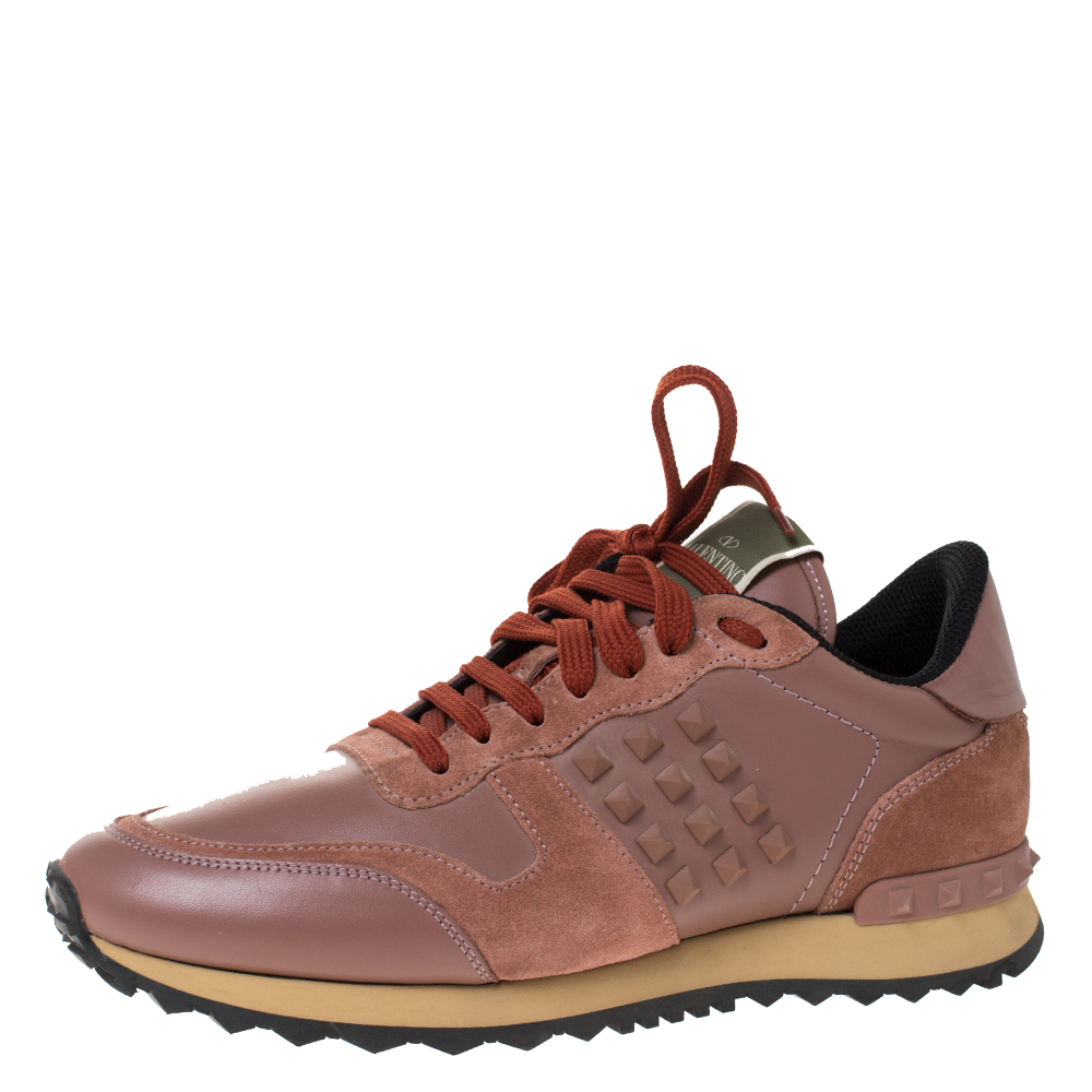 Valentino Pale Brown Leather and Suede Rockrunner Sneakers Size 40