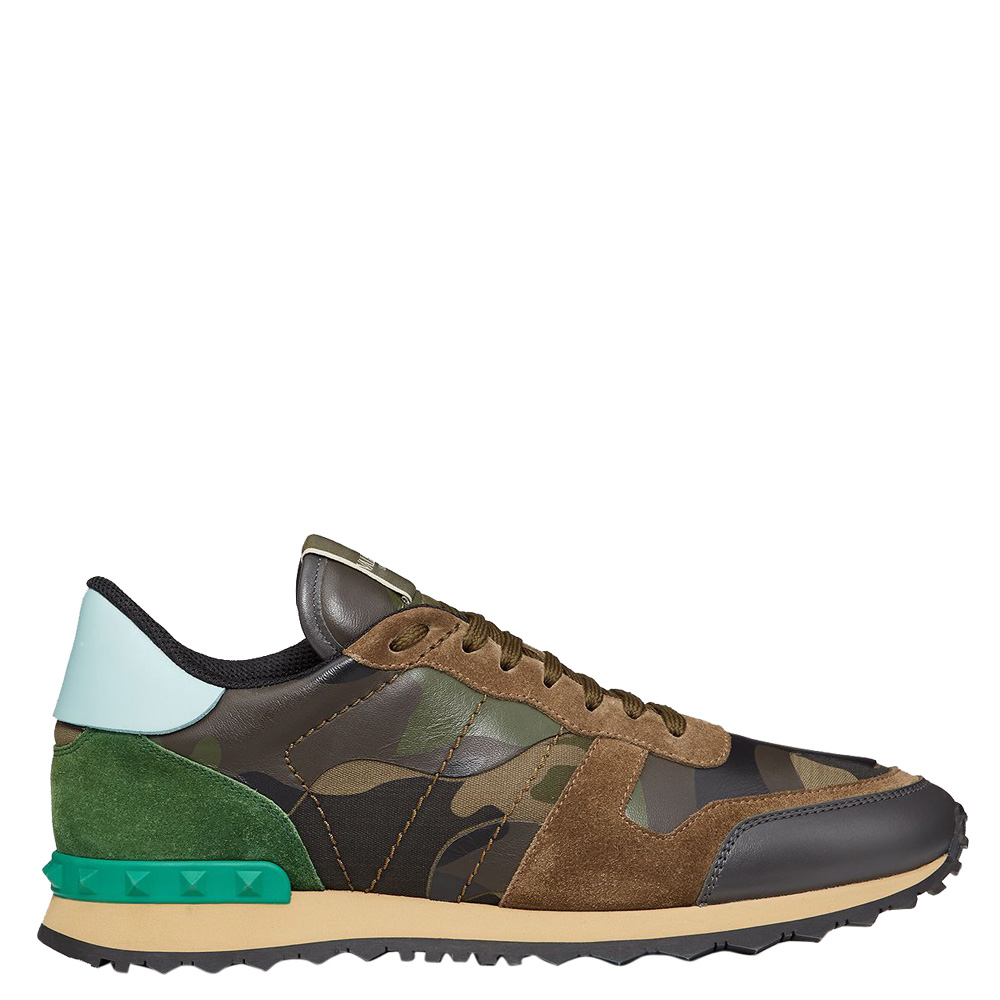 Valentino Military Green Fabric and Leather Camouflage Rockrunner Sneakers Size 42