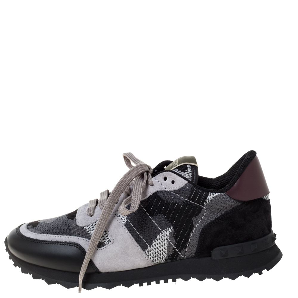 

Valentino Black/Grey Mesh And Leather Rockrunner Camouflage Rockstud Low Top Sneakers Size