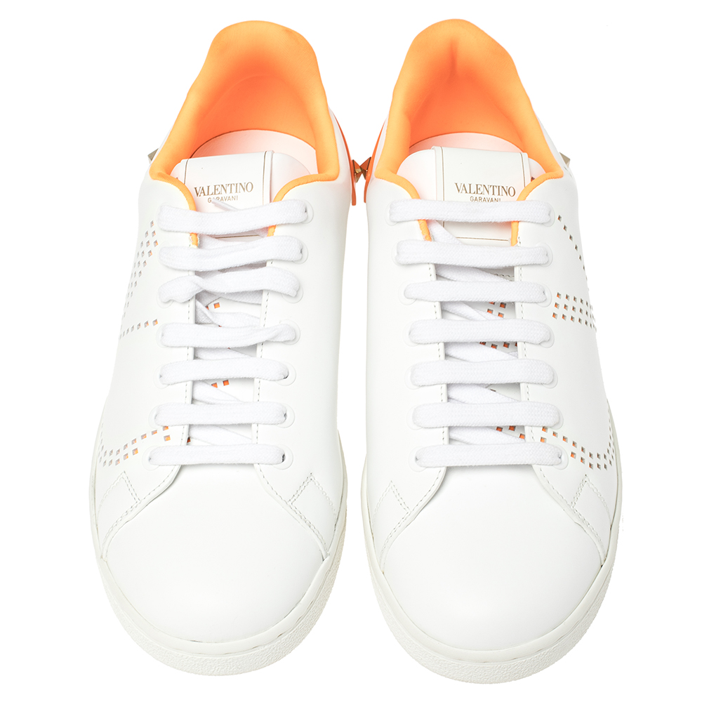 

Valentino White/Fluorescent Orange Leather V-Logo Sneakers Size