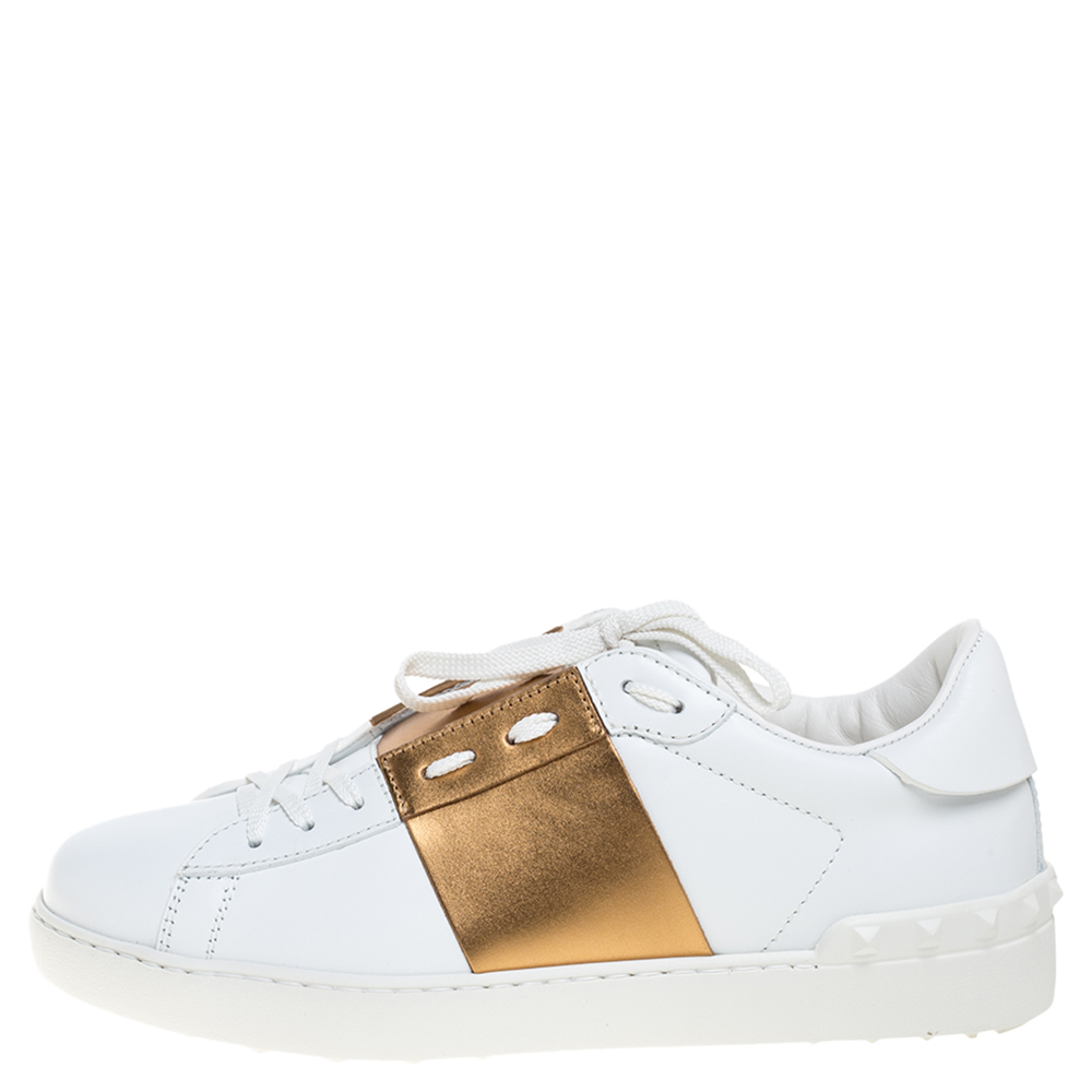 

Valentino White and Metallic Gold Band Leather Open Low Top Sneakers Size
