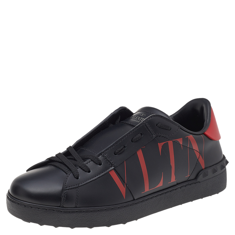مملوكة مسبقًا Valentino Black/Red Leather Open VTLN Low Top Sneakers Size 40