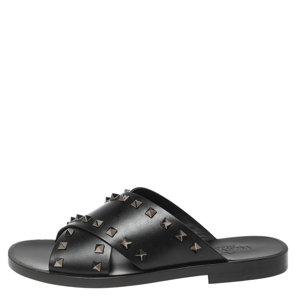 

Valentino Black Leather Crisscross Rockstud Flat Slide Sandals Size
