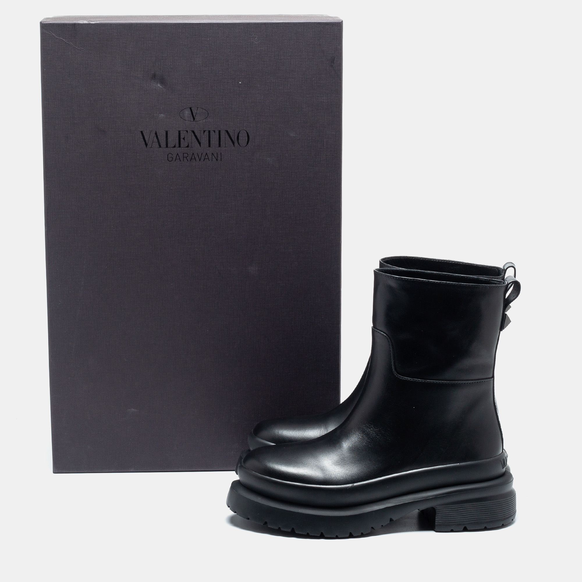 

Valentino Black Leather Roman Stud Mid Calf Boots Size