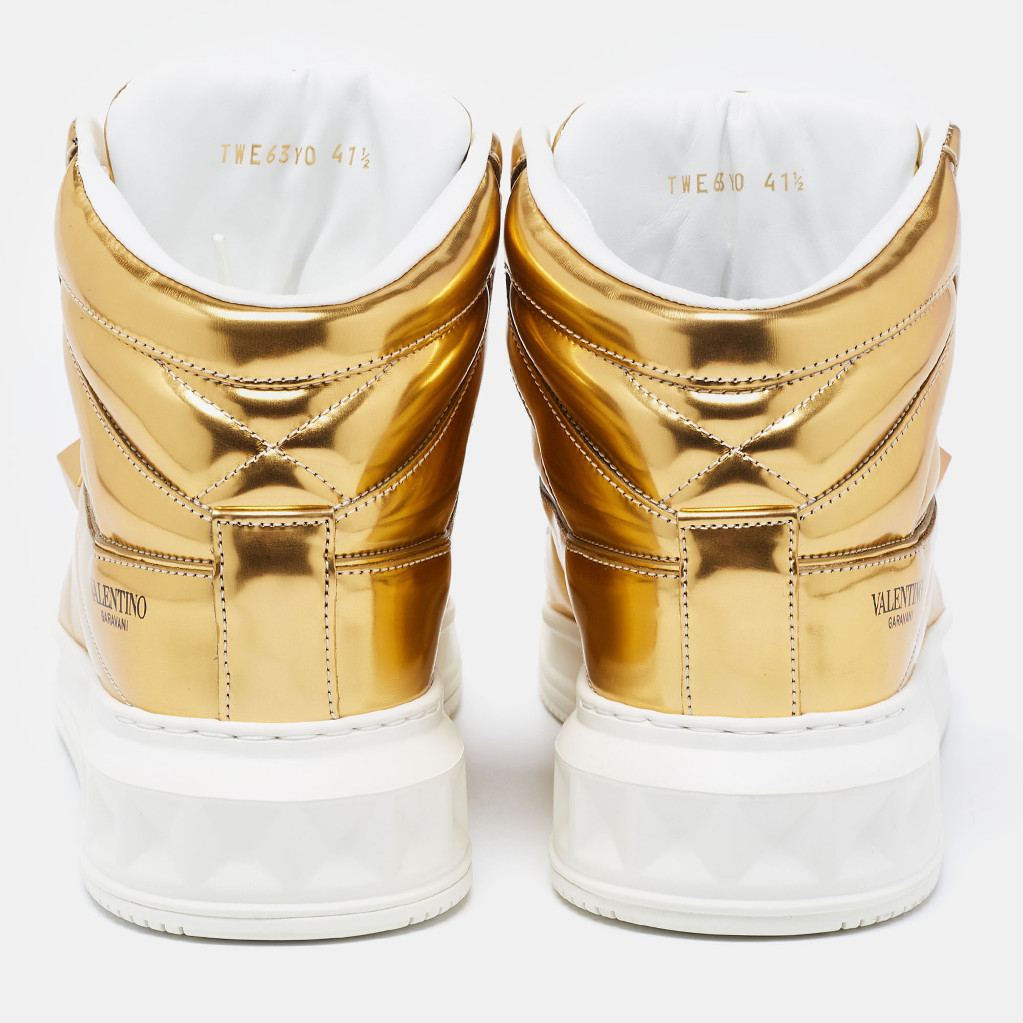 

Valentino Metallic Gold Faux Leather One Stud Mid Top Sneakers Size