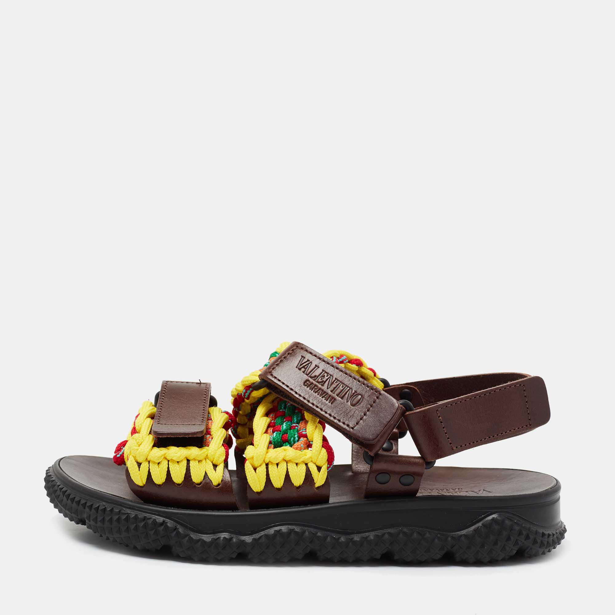 Pre Owned Valentino Multicolor Leather And Woven Fabric Crochet Sandals Size 45