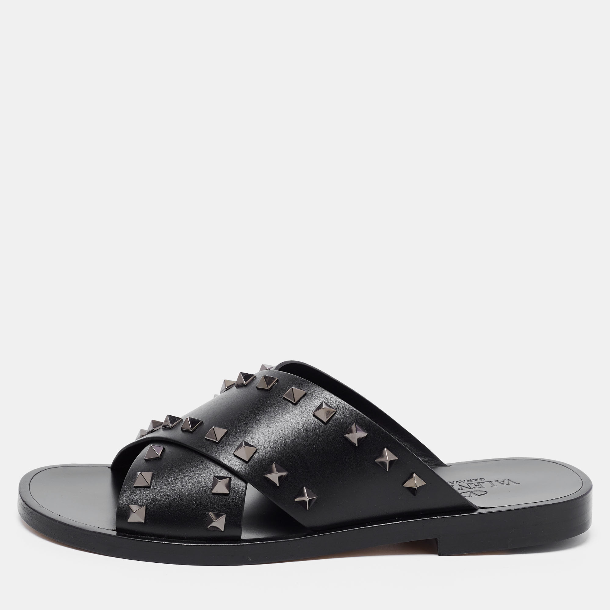 Pre-owned Valentino Garavani Black Leather Rockstud Slide Sandals Size 40