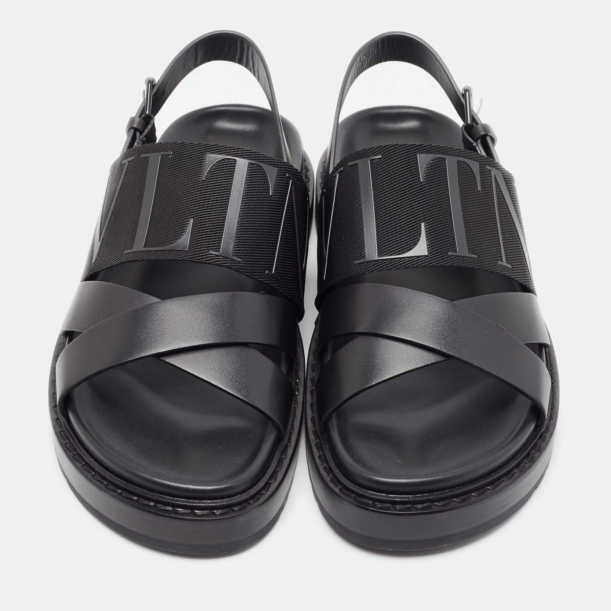 

Valentino Black Leather and Nylon VLTN Slingback Flat Sandals Size