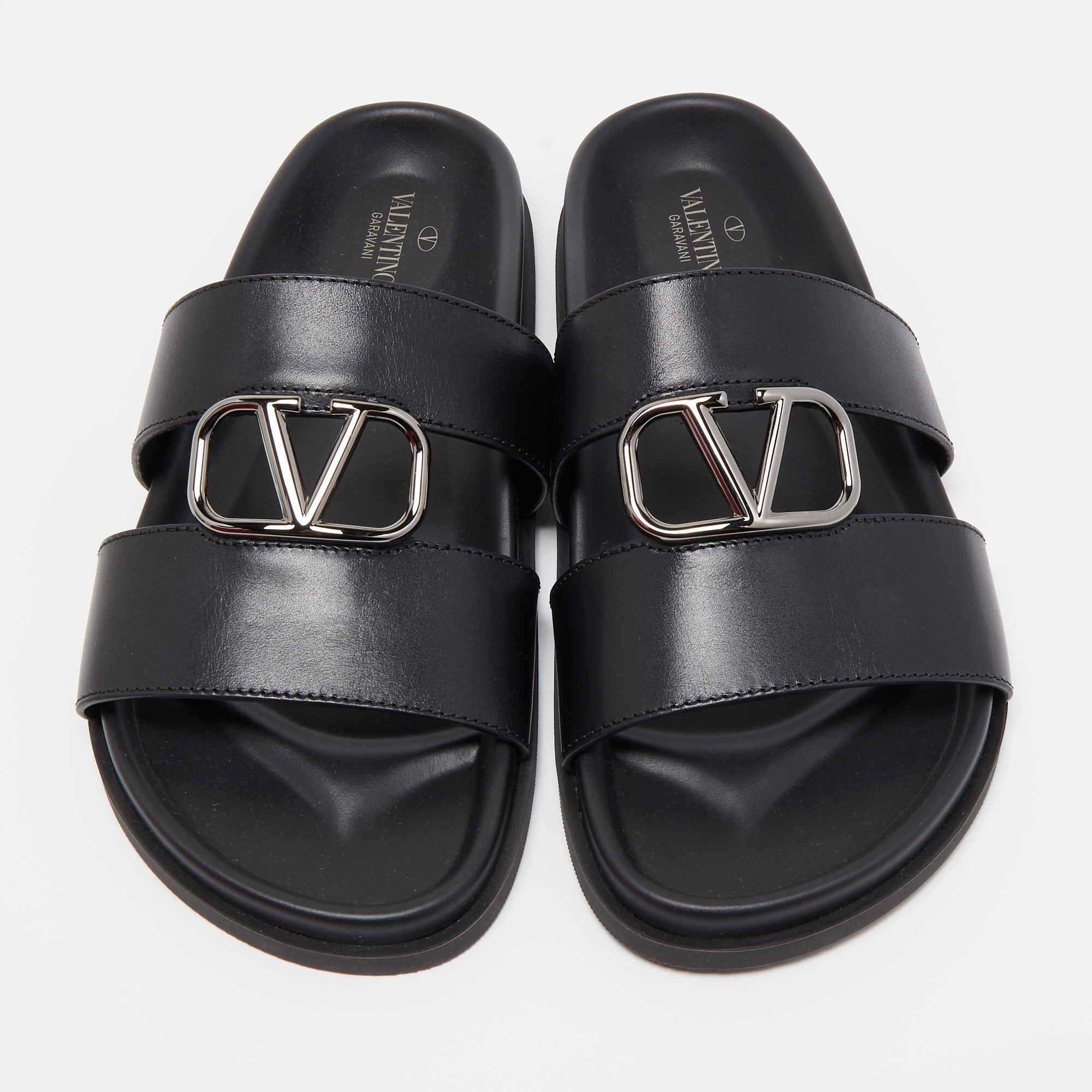 

Valentino Black Leather Vlogo Slide Sandals Size