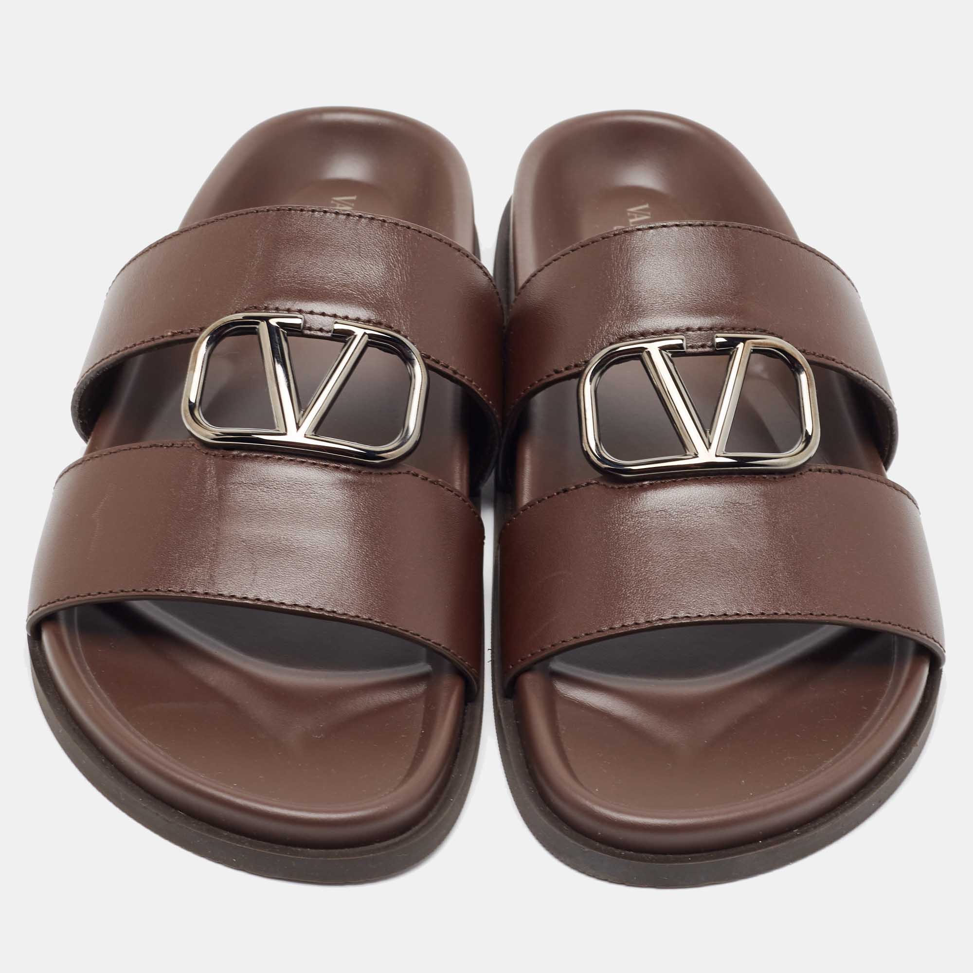 

Valentino Brown Leather Vlogo Flat Sandals Size