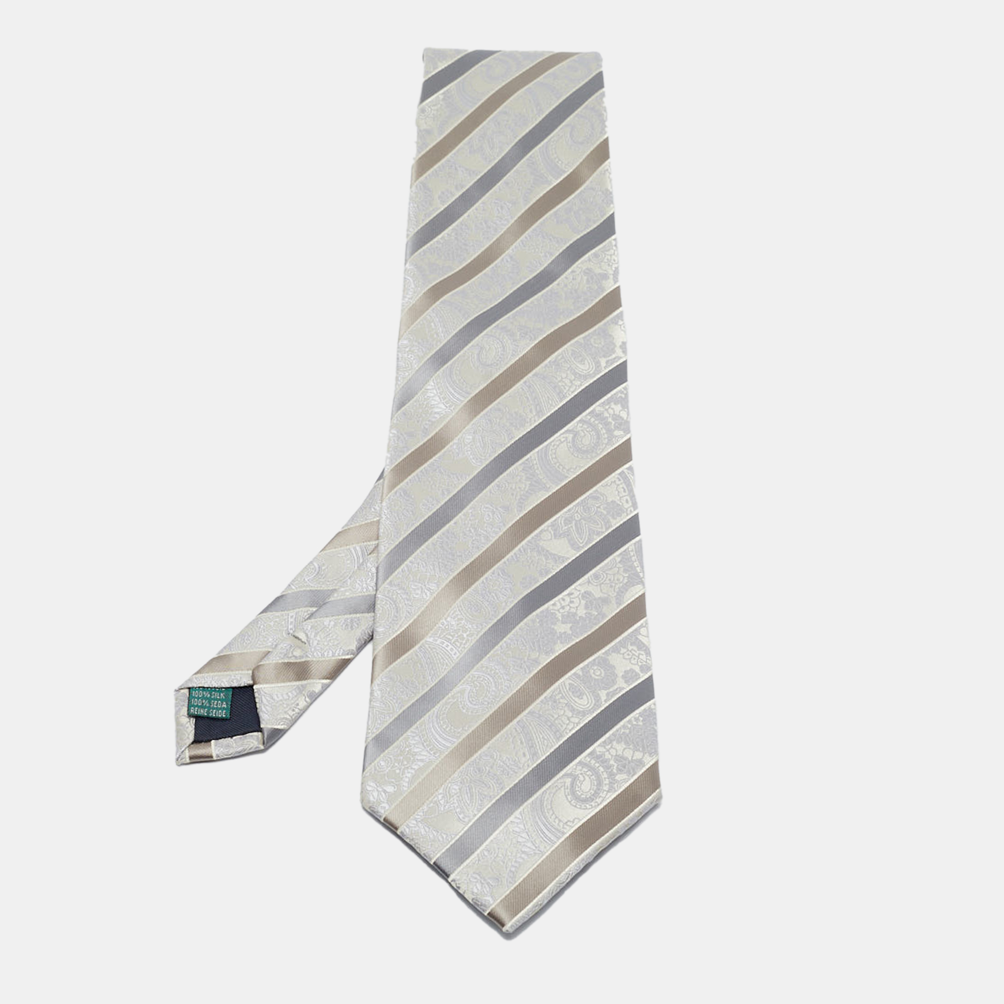 

Valentino Vintage Grey Striped Paisley Pattern Jacquard Silk Tie