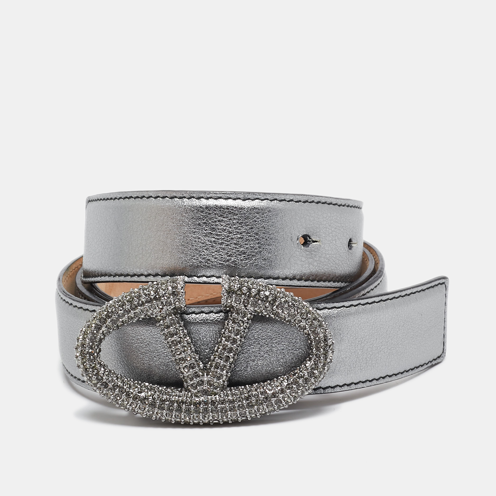 Pre-owned Valentino Garavani Metallic Leather Crystals Embellished Vlogo Buckle Belt 90cm