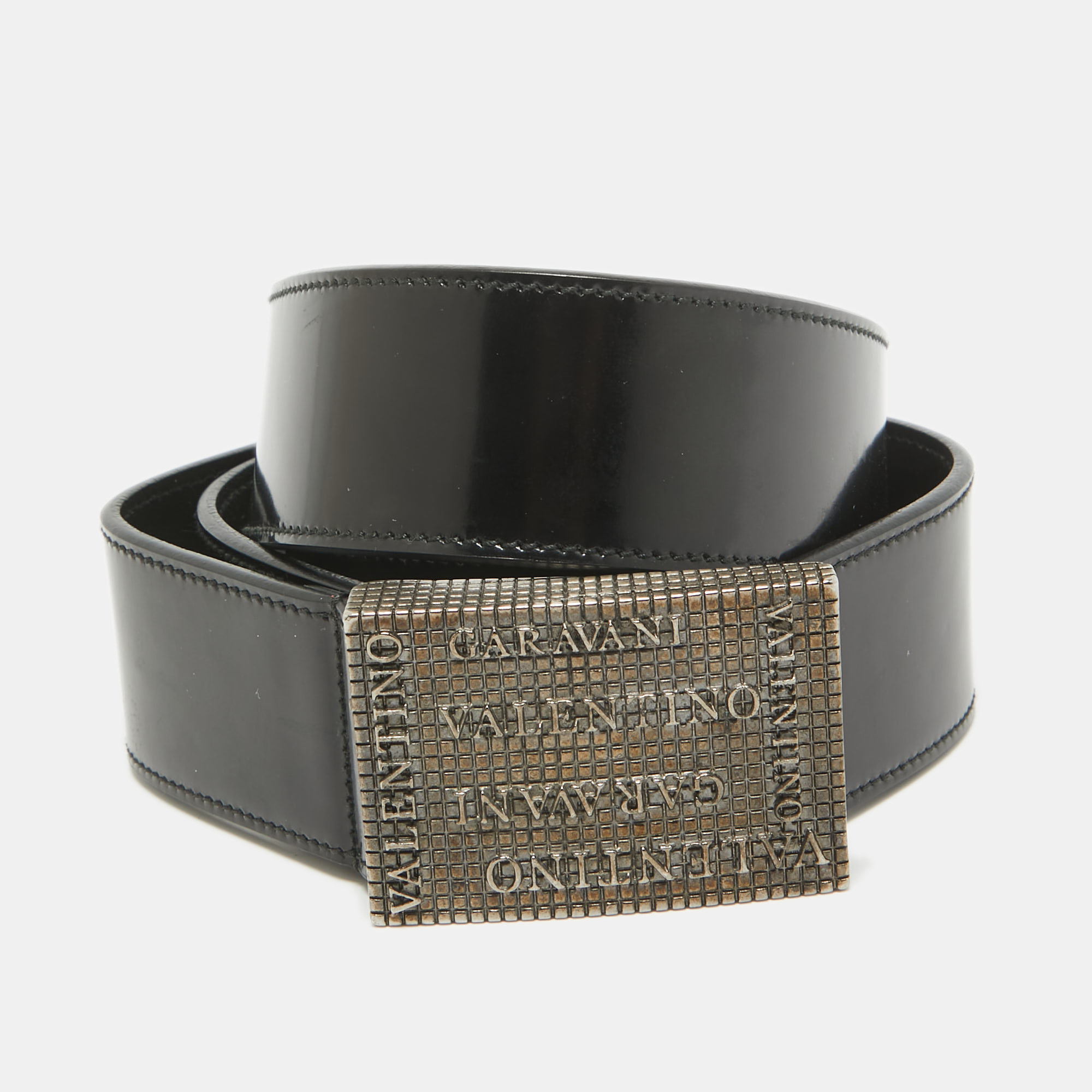 

Valentino Black Patent Leather Logo Square Buckle Belt