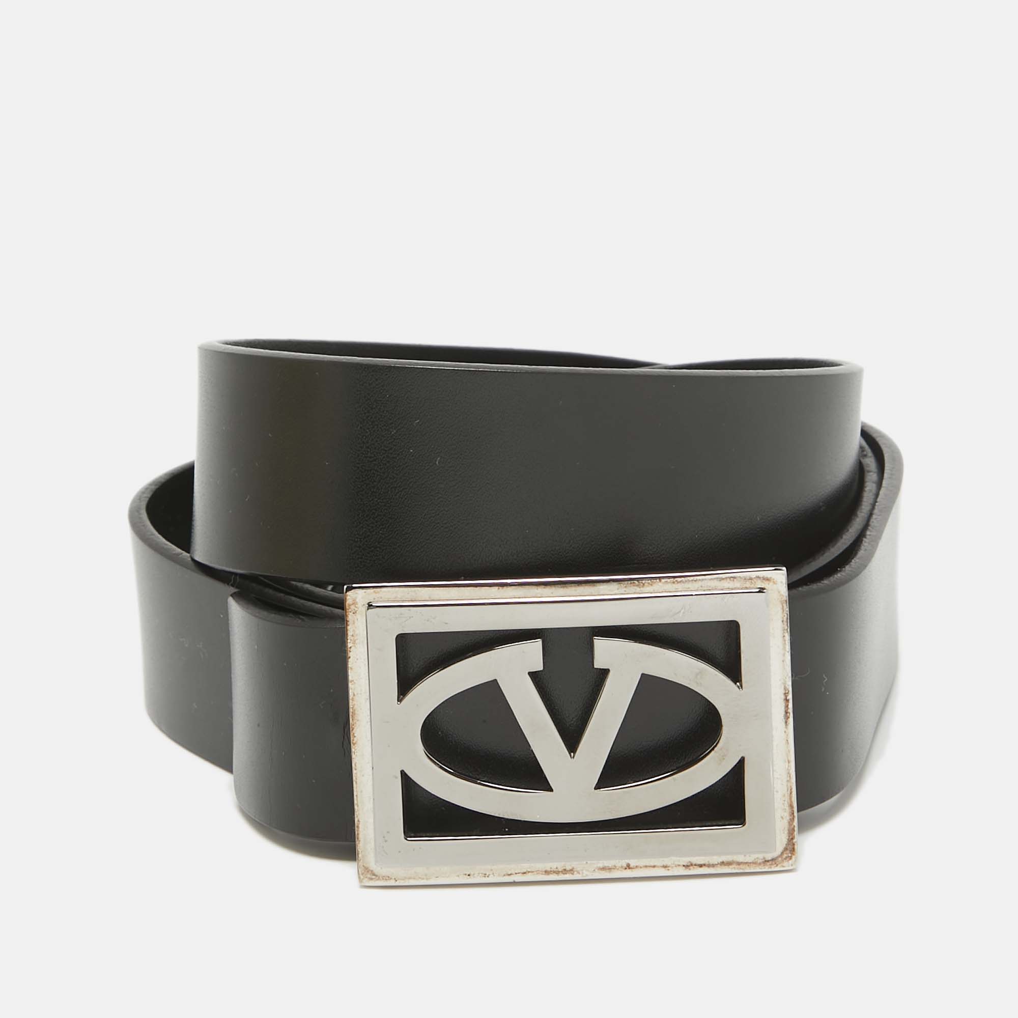 

Valentino Black Leather Vlogo Square Buckle Reversible Belt