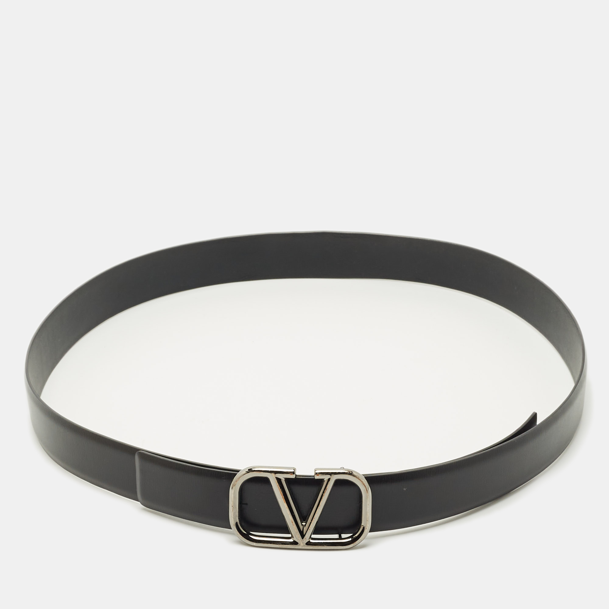Valentino Black Leather VLogo Buckle Belt 90CM